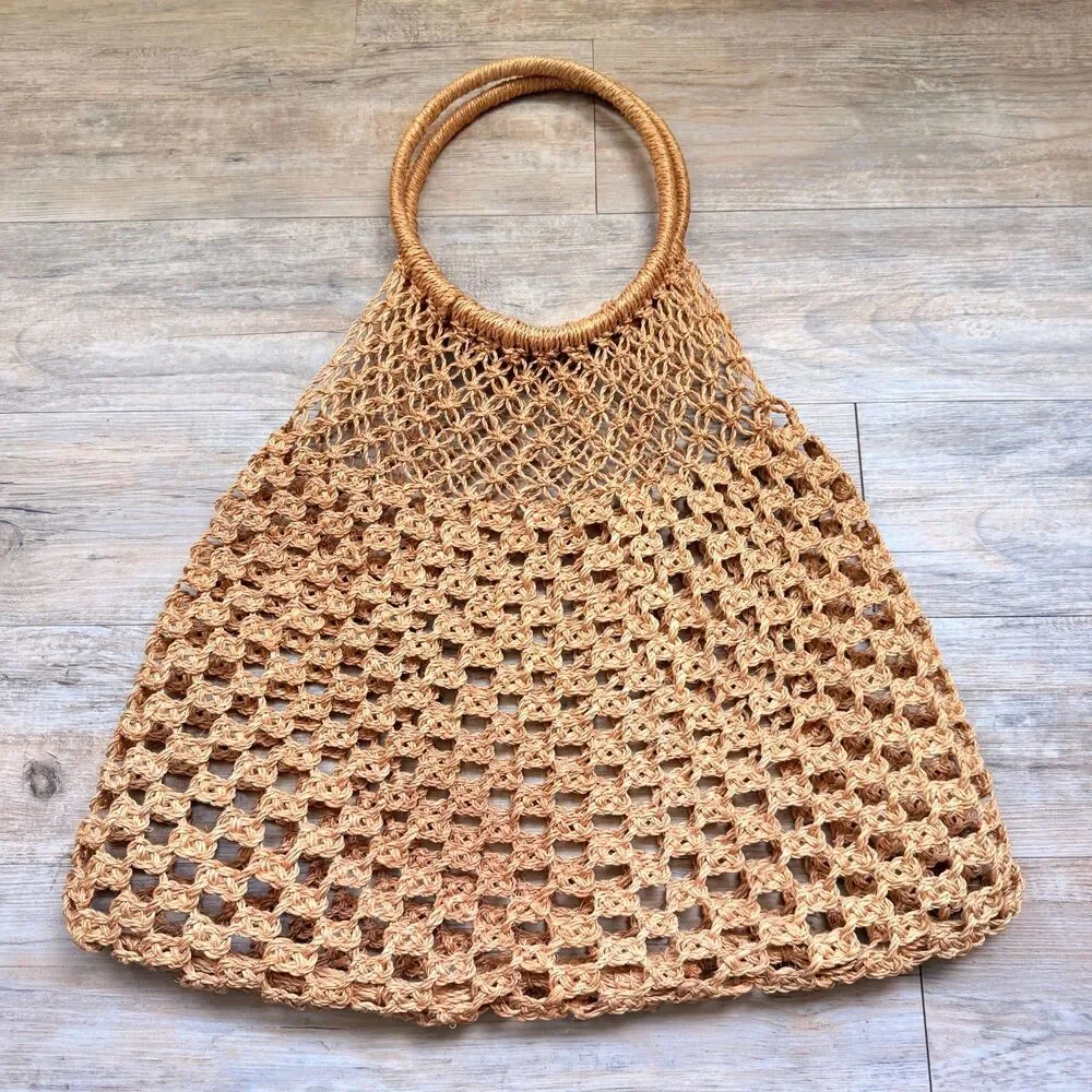 Vintage 1970s Macrame Market Bag Boho Jute Crochet Net Shopper Beach Tote Hippie
